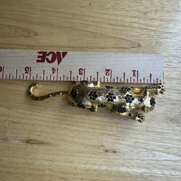 VTG Leopard Brooch Pin 5" Black Rhinestone Flowers Green Eyes Articulating READ - Picture 8 of 8